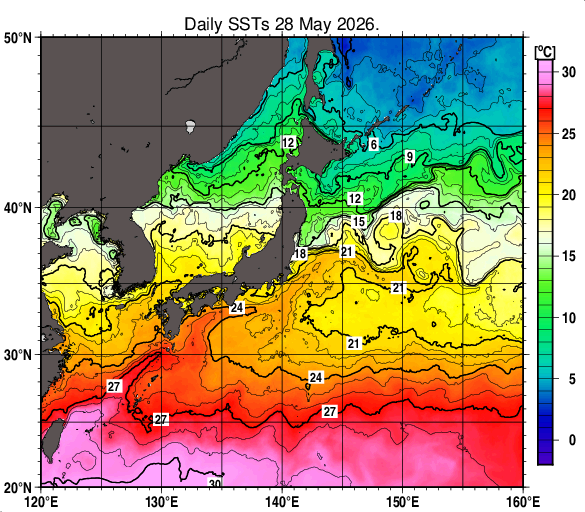 日本近海の海面水温分布図（5月28日）