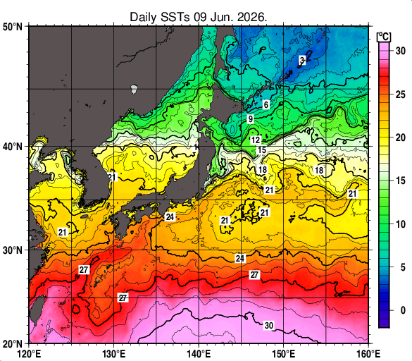 日本近海の海面水温分布図（6月9日）