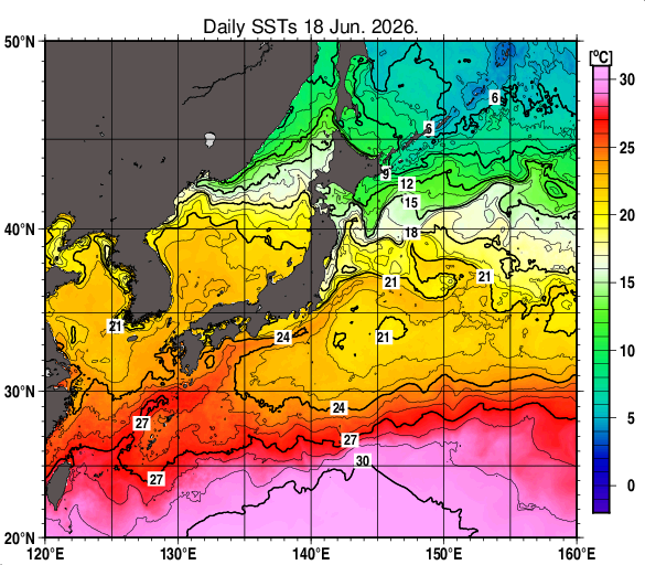 日本近海の海面水温分布図（6月18日）