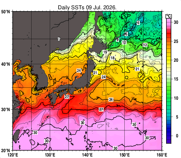 日本近海の海面水温分布図（7月9日）