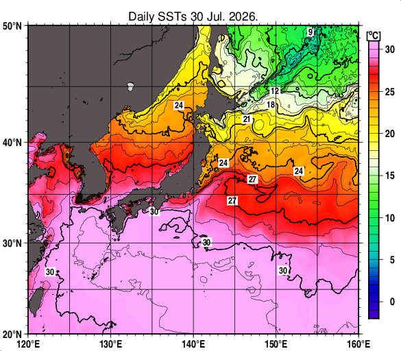 日本近海の海面水温分布図（7月30日）