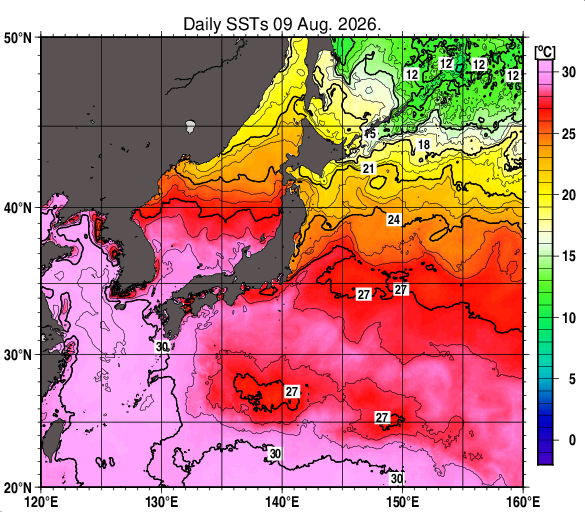 日本近海の海面水温分布図（8月9日）