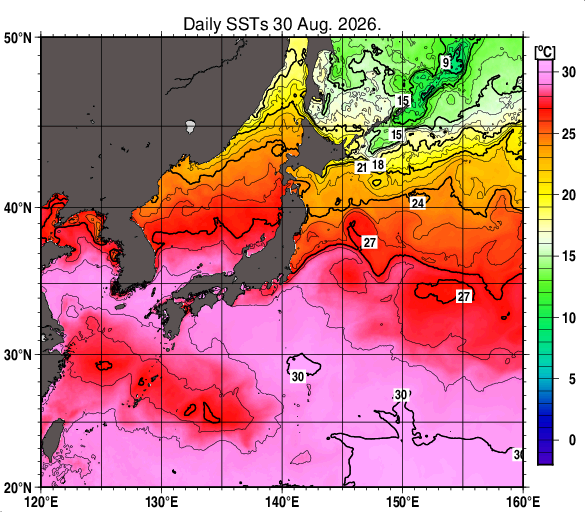 日本近海の海面水温分布図（8月30日）