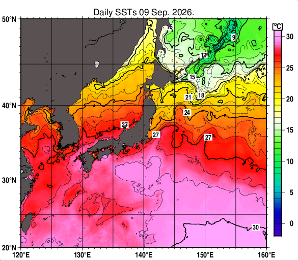 日本近海の海面水温分布図（9月9日）