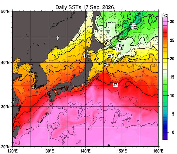 日本近海の海面水温分布図（9月17日）