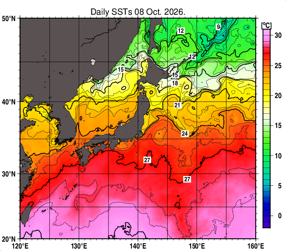 日本近海の海面水温分布図（10月8日）