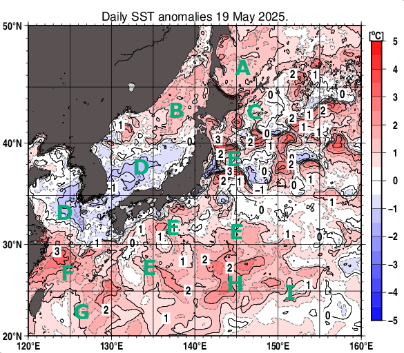 日本近海の海面水温平年差分布図（5月19日）