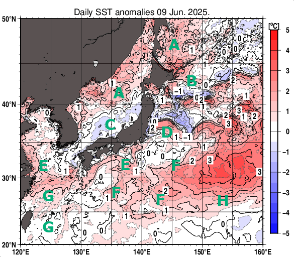日本近海の海面水温平年差分布図（6月9日）