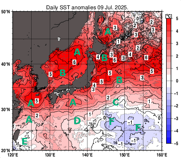 日本近海の海面水温平年差分布図（7月9日）