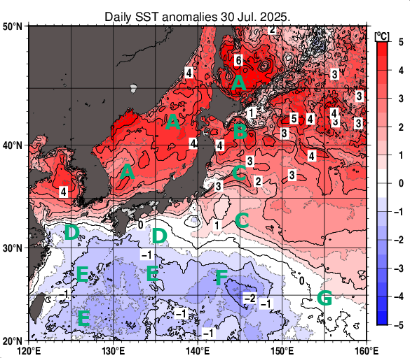 日本近海の海面水温平年差分布図（7月30日）