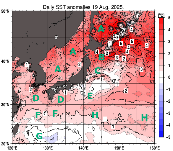 日本近海の海面水温平年差分布図（8月19日）