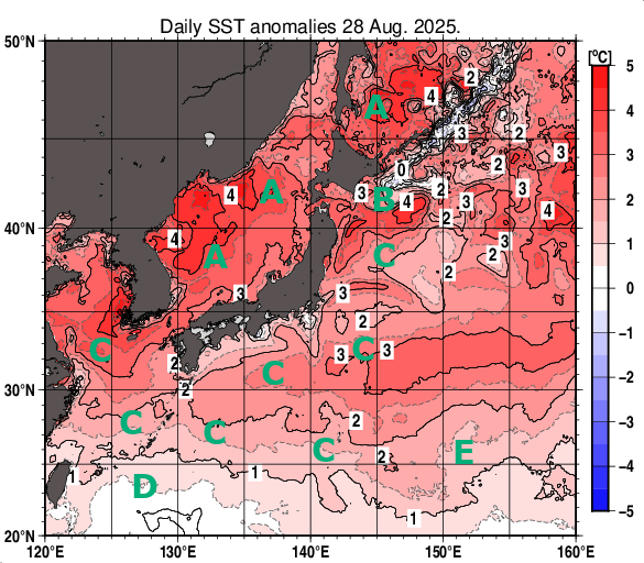 日本近海の海面水温平年差分布図（8月28日）