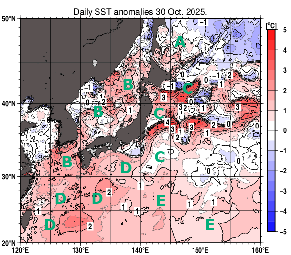日本近海の海面水温平年差分布図（10月30日）