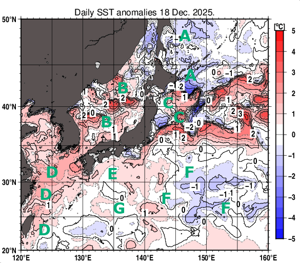 日本近海の海面水温平年差分布図（12月18日）