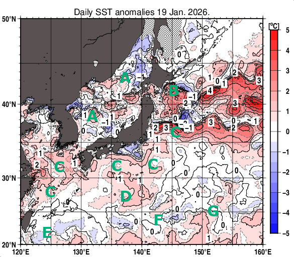 日本近海の海面水温平年差分布図（1月19日）