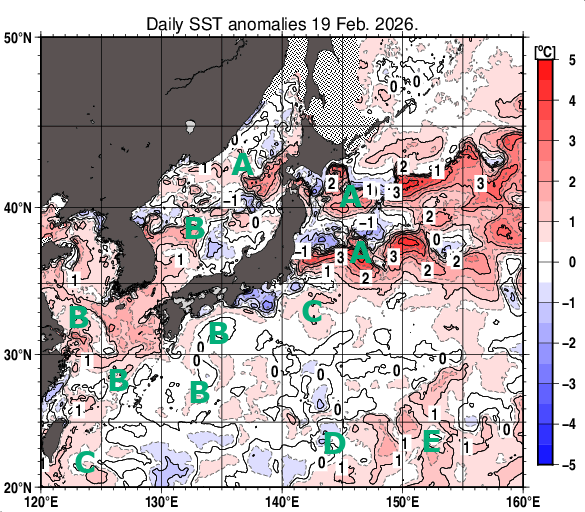 日本近海の海面水温平年差分布図（2月19日）