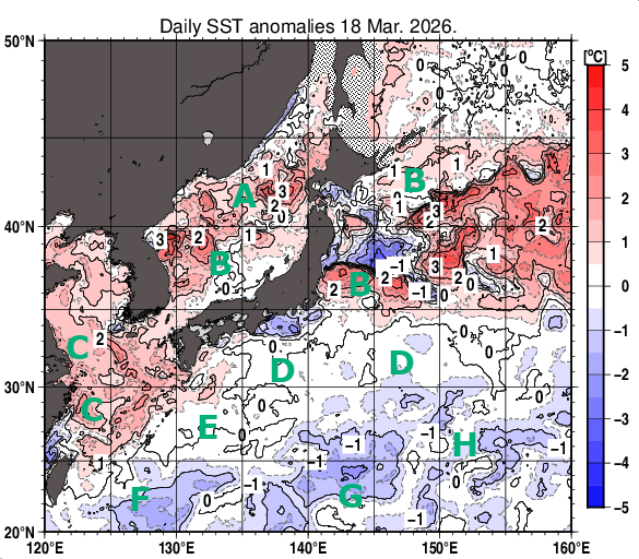 日本近海の海面水温平年差分布図（3月18日）