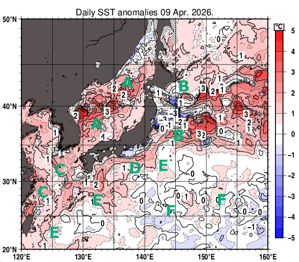 日本近海の海面水温平年差分布図（4月9日）