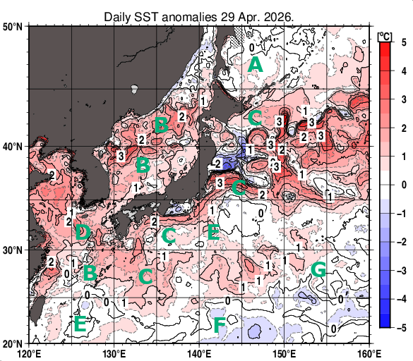 日本近海の海面水温平年差分布図（4月29日）