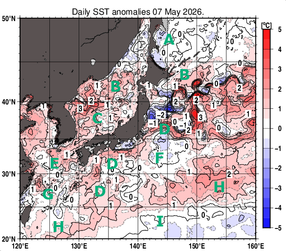 日本近海の海面水温平年差分布図（5月7日）