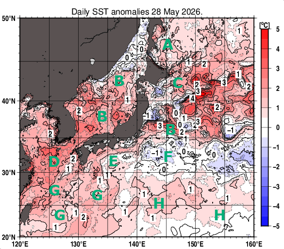 日本近海の海面水温平年差分布図（5月28日）