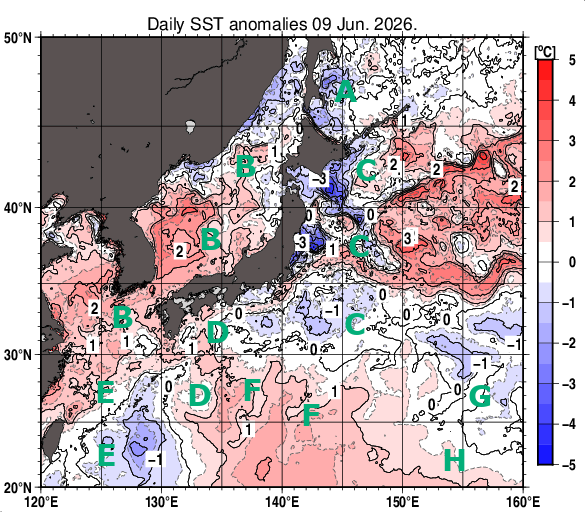 日本近海の海面水温平年差分布図（6月9日）