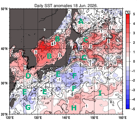 日本近海の海面水温平年差分布図（6月18日）