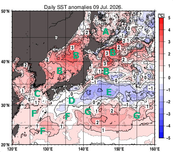 日本近海の海面水温平年差分布図（7月9日）