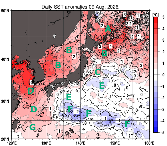 日本近海の海面水温平年差分布図（8月9日）