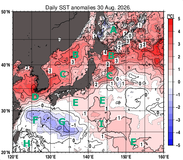 日本近海の海面水温平年差分布図（8月30日）