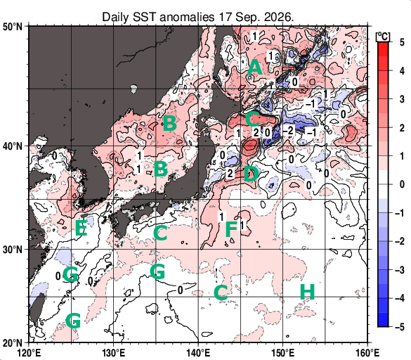 日本近海の海面水温平年差分布図（9月17日）