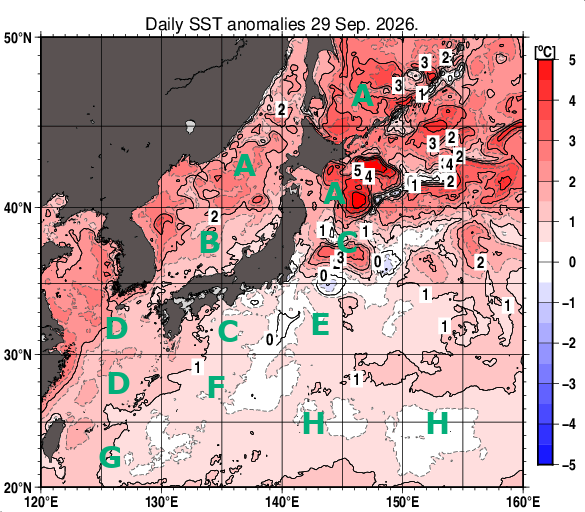 日本近海の海面水温平年差分布図（9月29日）