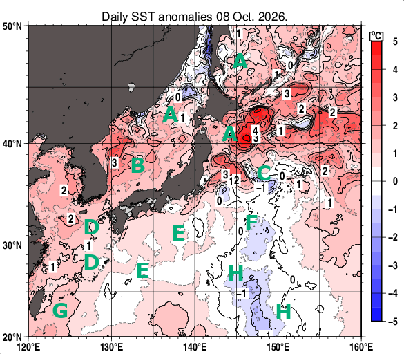 日本近海の海面水温平年差分布図（10月8日）