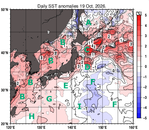 日本近海の海面水温平年差分布図（10月19日）