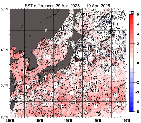 日本近海の10日間の海面水温変化量分布図（4月29日）