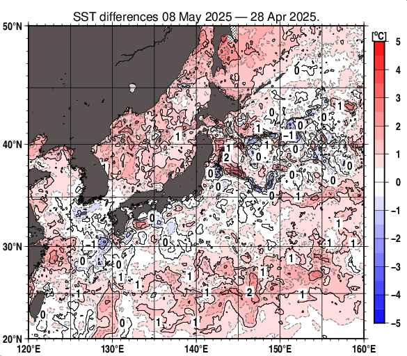 日本近海の10日間の海面水温変化量分布図（5月8日）