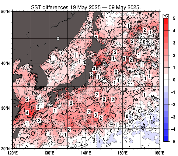 日本近海の10日間の海面水温変化量分布図（5月19日）