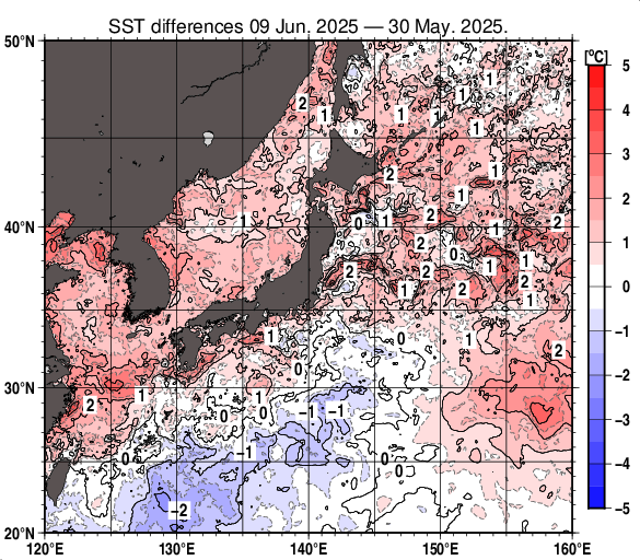 日本近海の10日間の海面水温変化量分布図（6月9日）