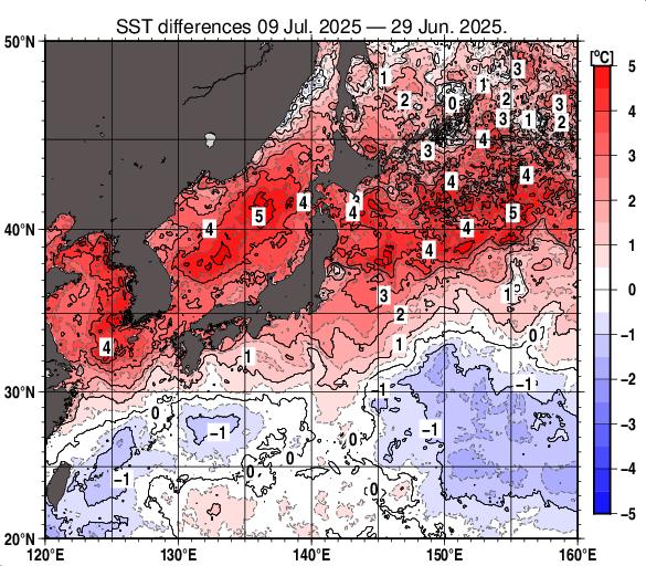 日本近海の10日間の海面水温変化量分布図（7月9日）