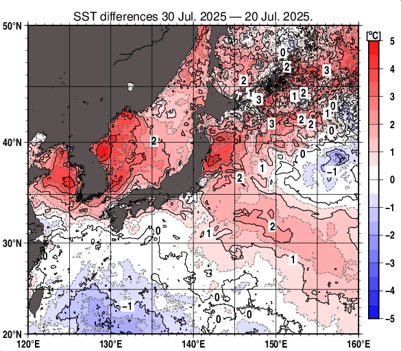日本近海の10日間の海面水温変化量分布図（7月30日）