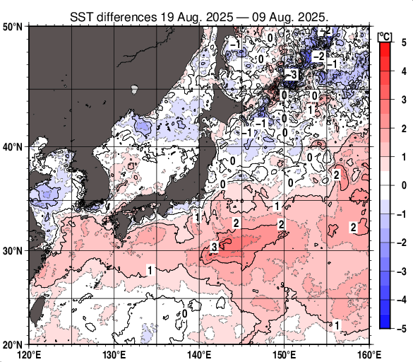 日本近海の10日間の海面水温変化量分布図（8月19日）