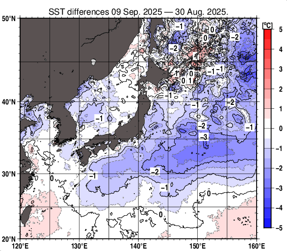 日本近海の10日間の海面水温変化量分布図（9月9日）