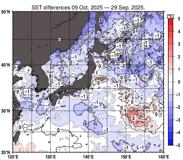 日本近海の10日間の海面水温変化量分布図（10月9日）