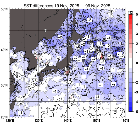 日本近海の10日間の海面水温変化量分布図（11月19日）