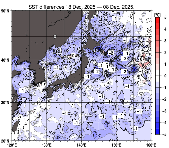 日本近海の10日間の海面水温変化量分布図（12月18日）