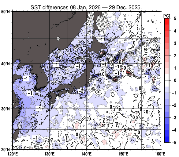日本近海の10日間の海面水温変化量分布図（1月8日）