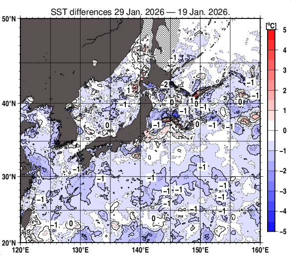 日本近海の10日間の海面水温変化量分布図（1月29日）