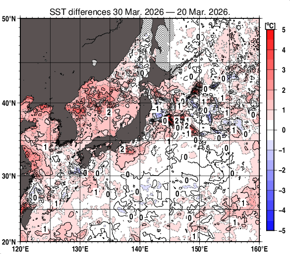日本近海の10日間の海面水温変化量分布図（3月30日）