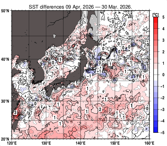 日本近海の10日間の海面水温変化量分布図（4月9日）