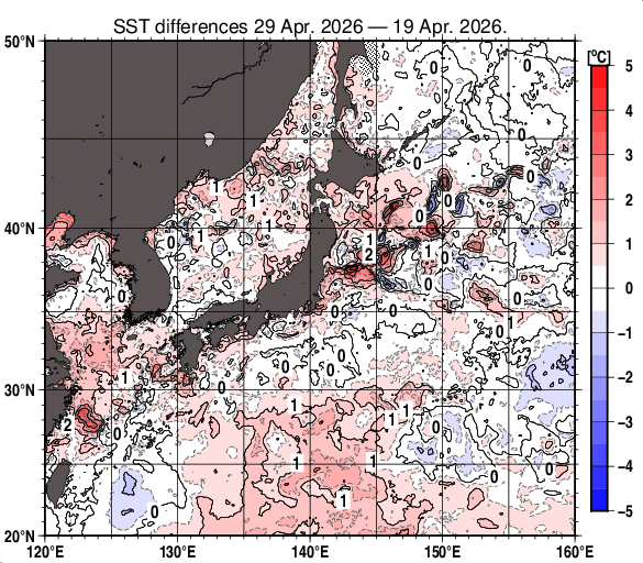 日本近海の10日間の海面水温変化量分布図（4月29日）